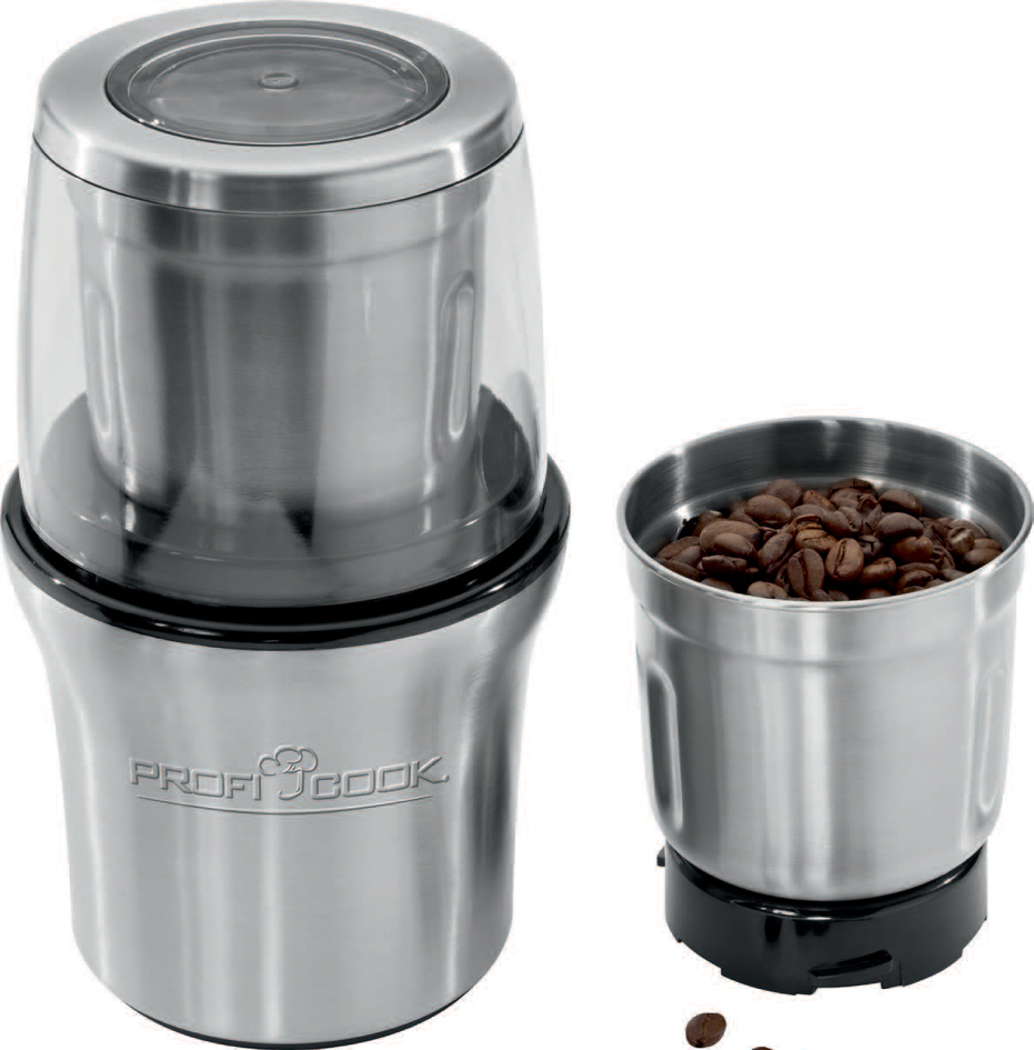PROFI COOK Kaffeemühle Silber (200 Watt, 2 Edelstahlschlagmesser) PC-KSW 1021 (Schwarz, Edelstahl) 