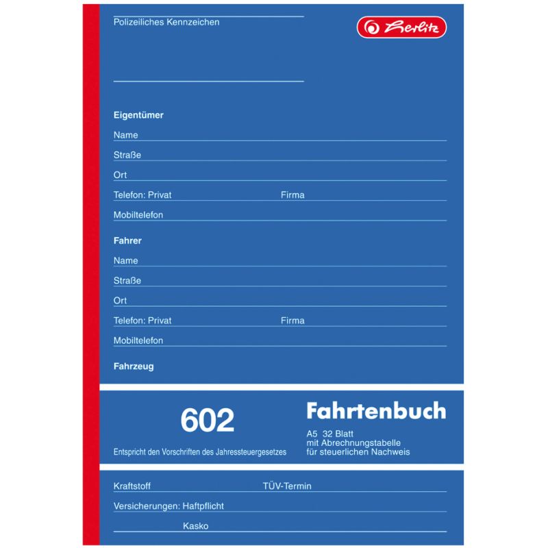 herlitz Formularbuch 'Fahrtenbuch 601', A6 quer, 40 Blatt