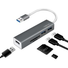 LogiLink USB 3.0 Hub + Kartenleser, 3-Port, grau