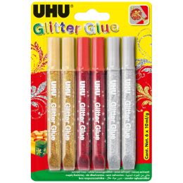 UHU Glitzerkleber Glitter Glue Festliche Farben, 6 x 10 ml